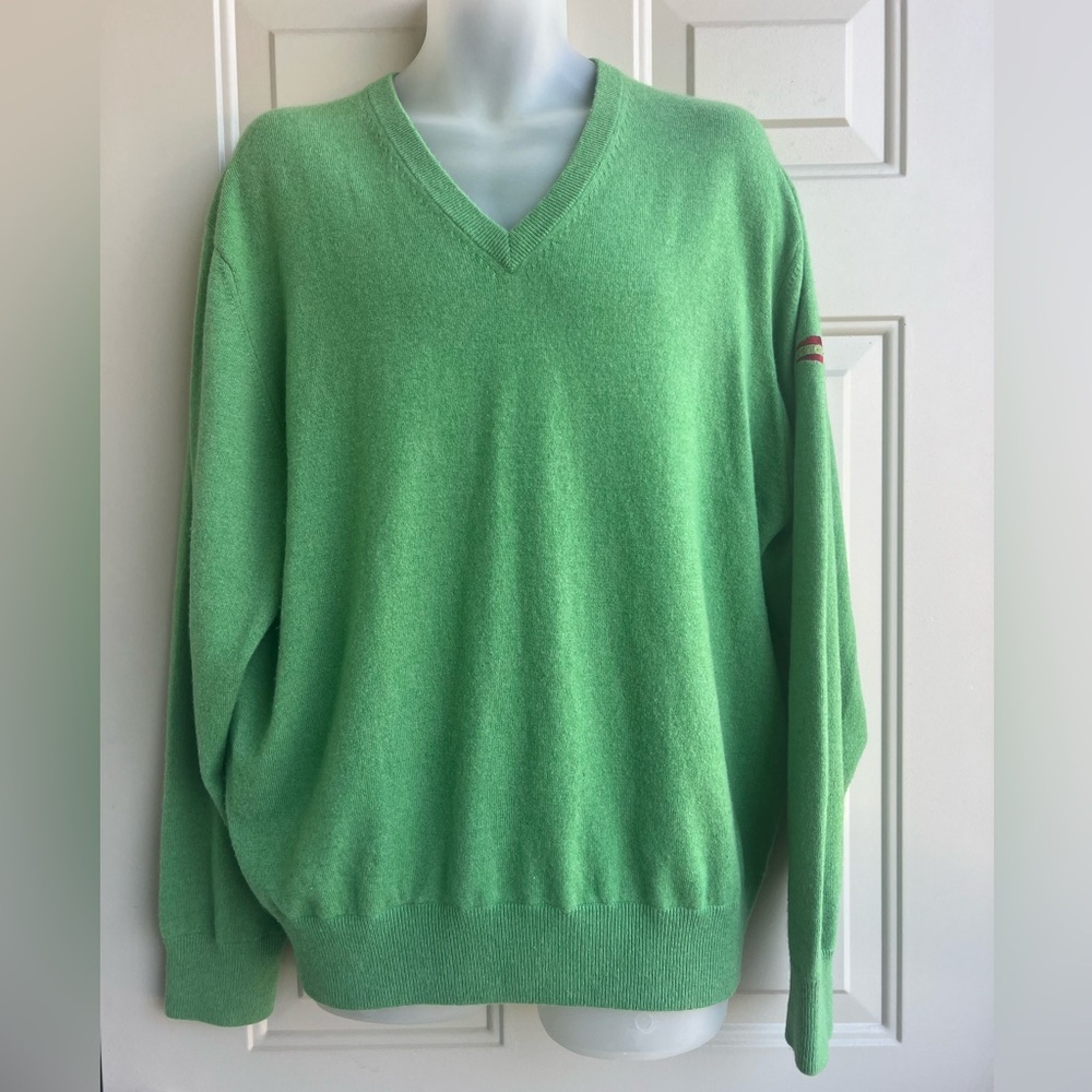 Peter Millar 100% Cashmere V-Neck Sweater Size XL Green Golf Redstone Logo